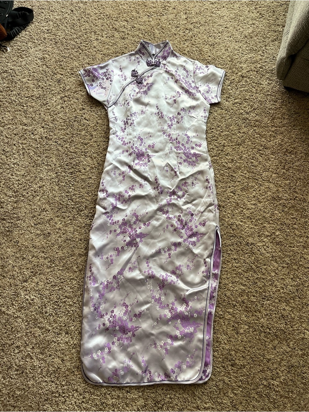 Lavender Floral Satin Cheongsam Dress